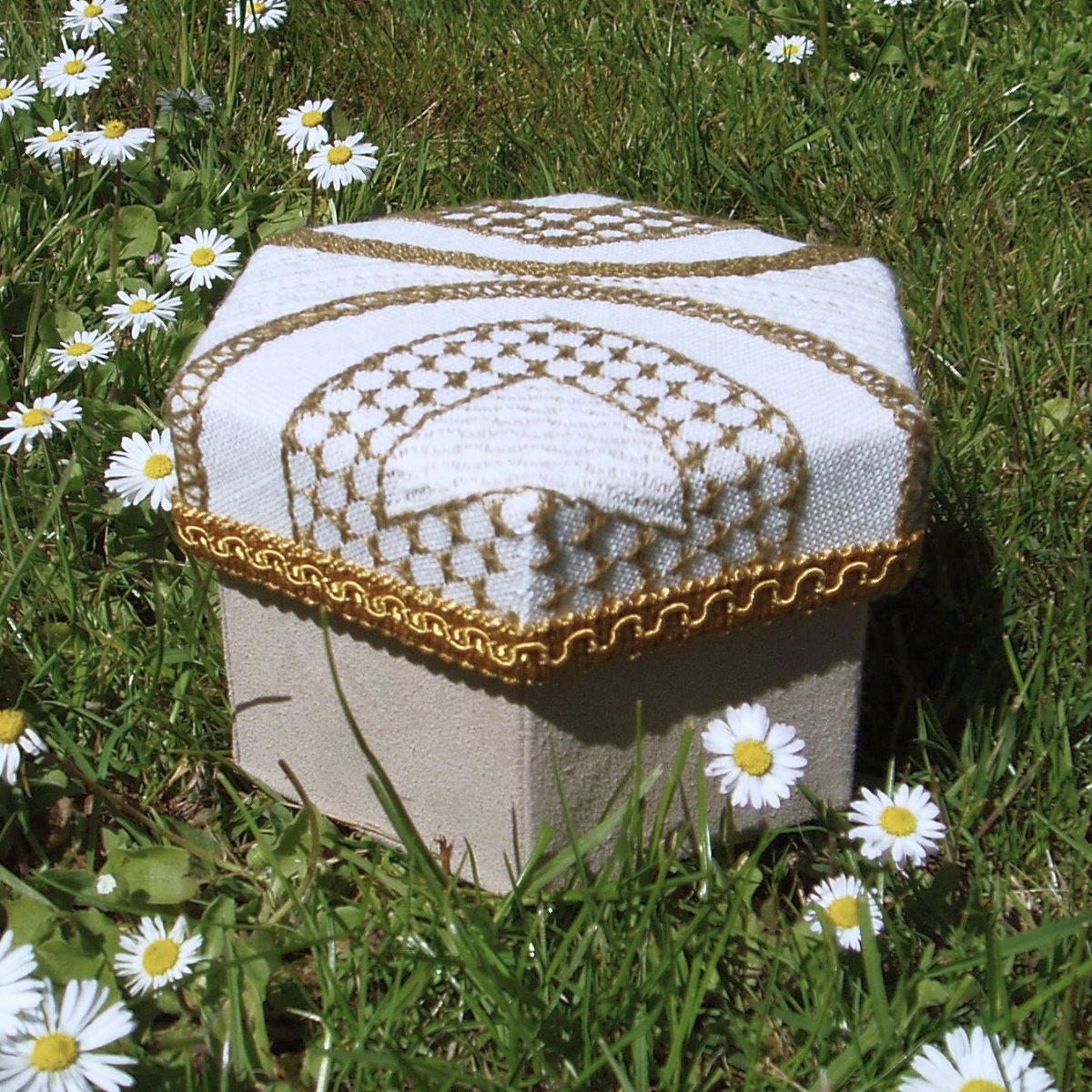 A box with an embroidered lid standing in grass with daisys